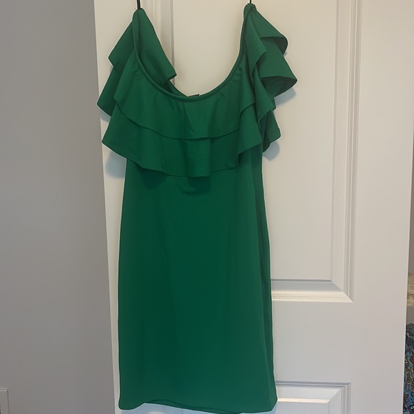 Green Flounce Off the Shoulder Mini Dress - Picture 2 of 6